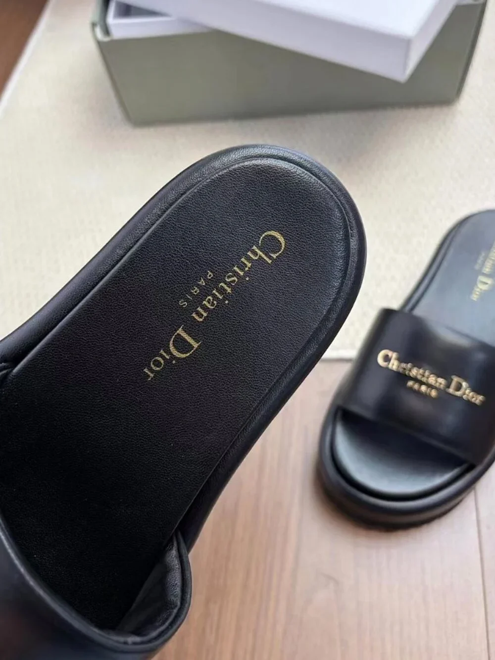 Christian Dior Black Calfskin Gold Logo Platform Slide Sandals
